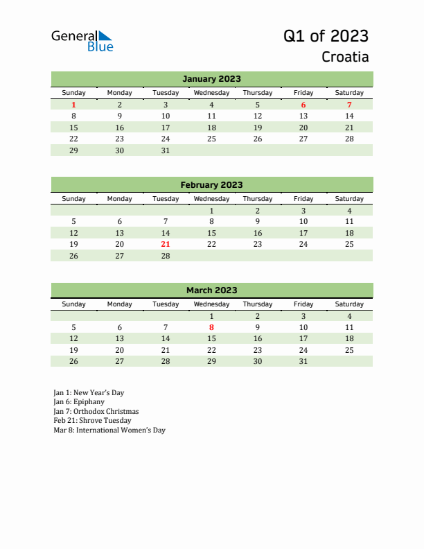 Quarterly Calendar 2023 with Croatia Holidays