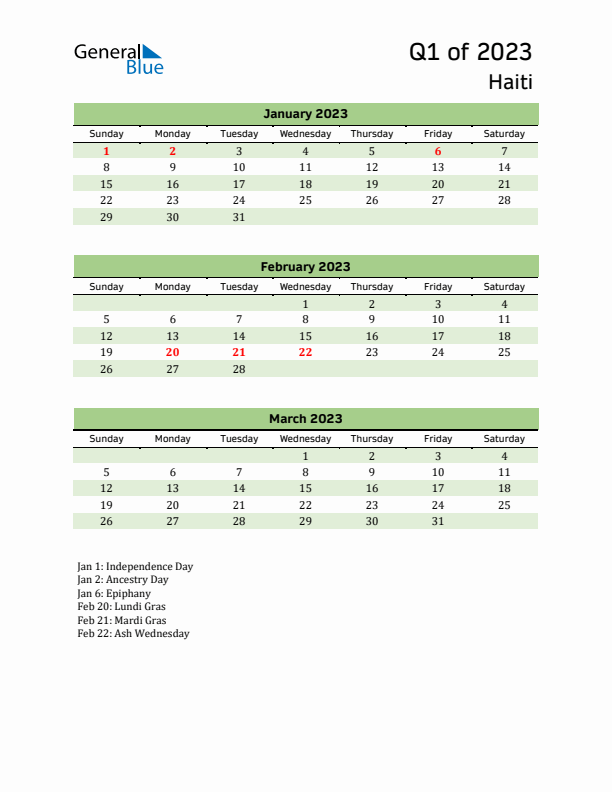 Quarterly Calendar 2023 with Haiti Holidays