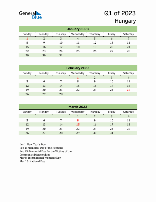 Quarterly Calendar 2023 with Hungary Holidays