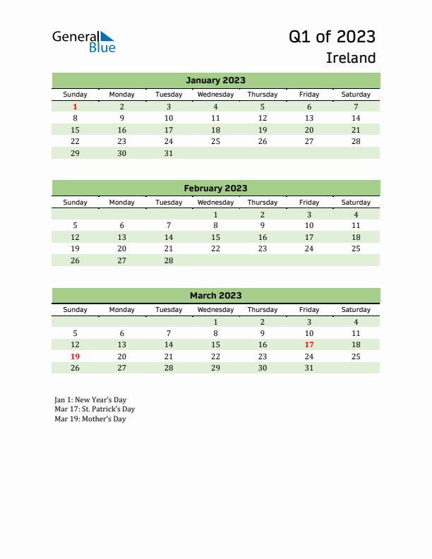 Quarterly Calendar 2023 with Ireland Holidays