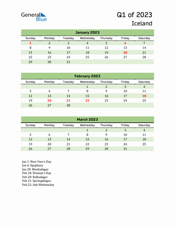 Quarterly Calendar 2023 with Iceland Holidays