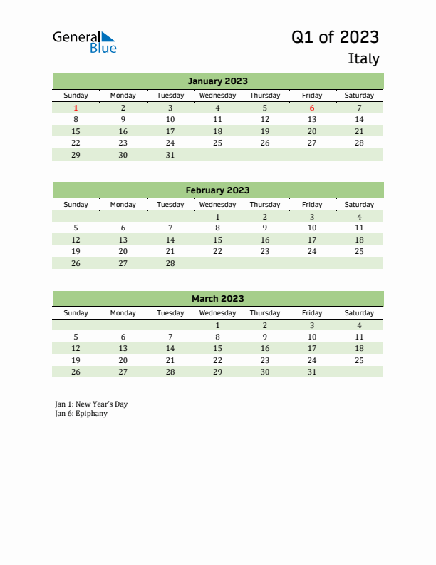 Quarterly Calendar 2023 with Italy Holidays