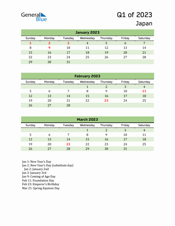 Quarterly Calendar 2023 with Japan Holidays