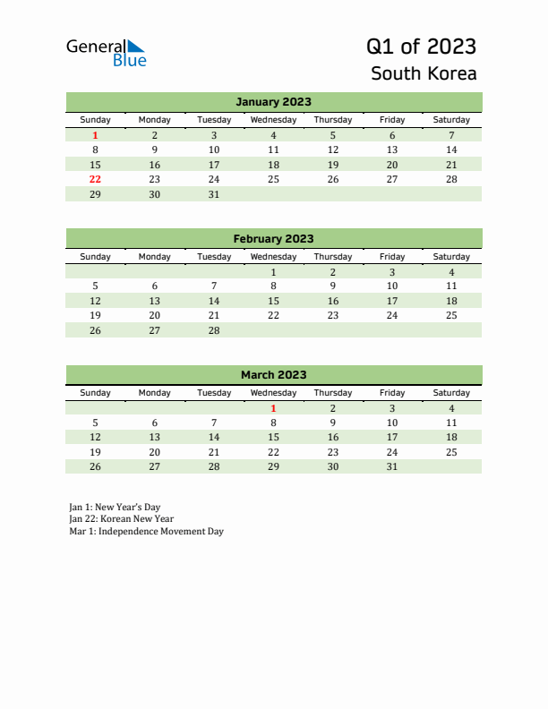 Quarterly Calendar 2023 with South Korea Holidays