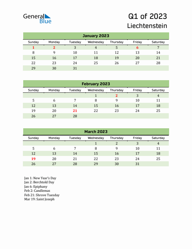 Quarterly Calendar 2023 with Liechtenstein Holidays