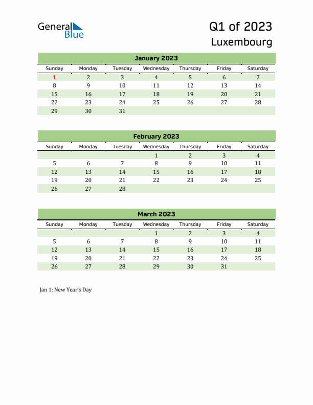 Quarterly Calendar 2023 with Luxembourg Holidays