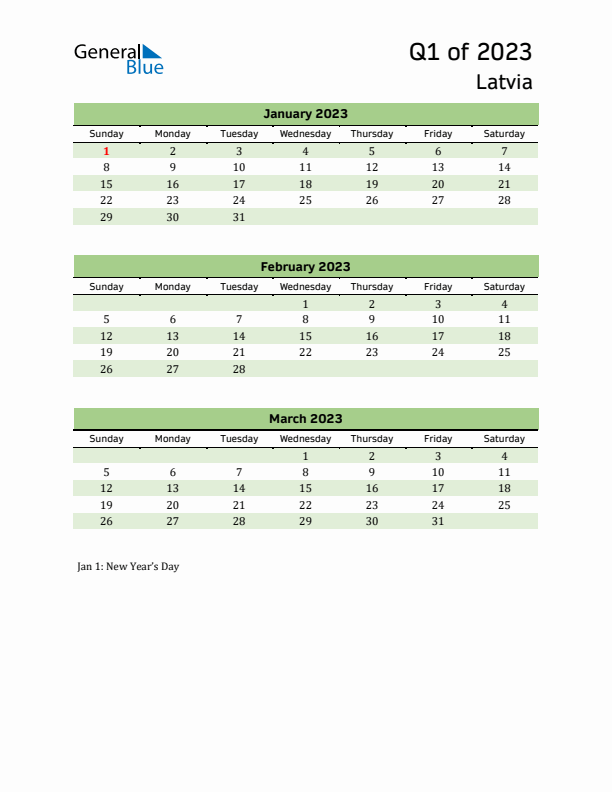 Quarterly Calendar 2023 with Latvia Holidays