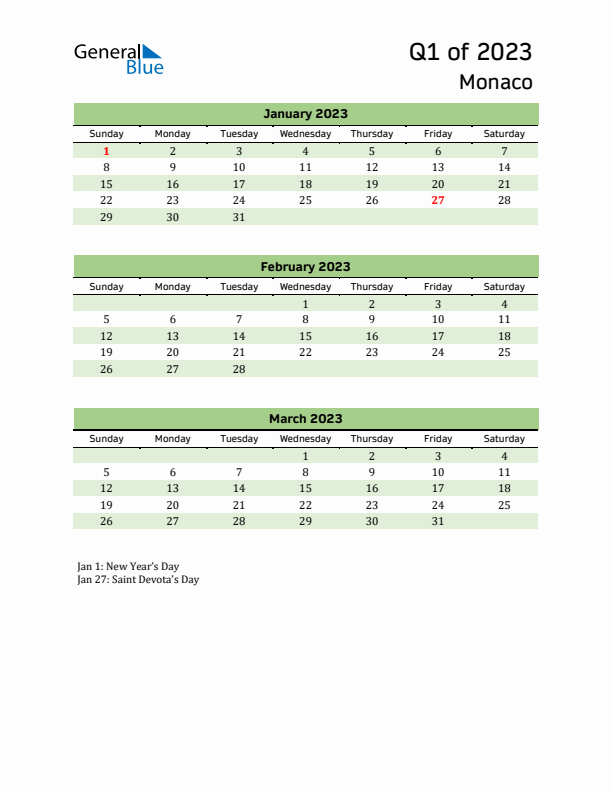 Quarterly Calendar 2023 with Monaco Holidays