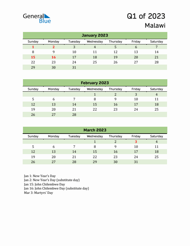 Quarterly Calendar 2023 with Malawi Holidays