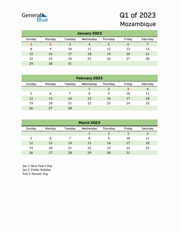 Quarterly Calendar 2023 with Mozambique Holidays