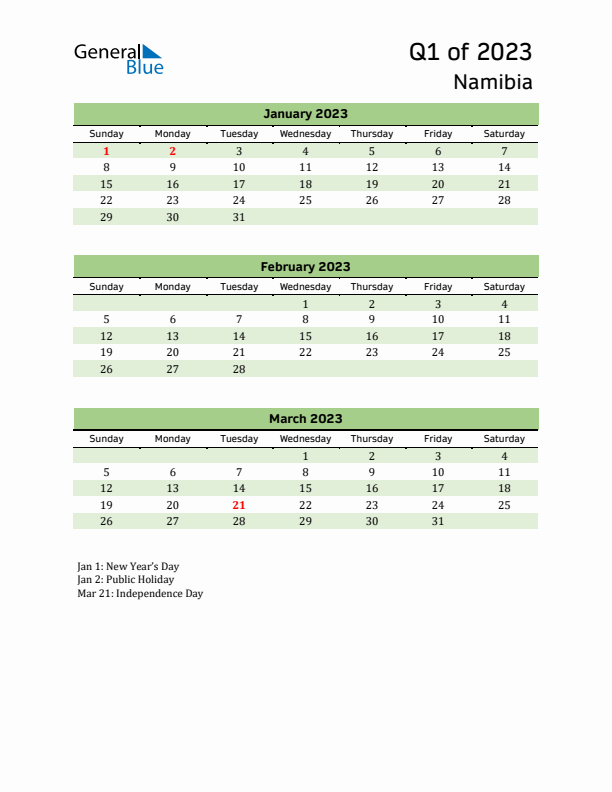 Quarterly Calendar 2023 with Namibia Holidays