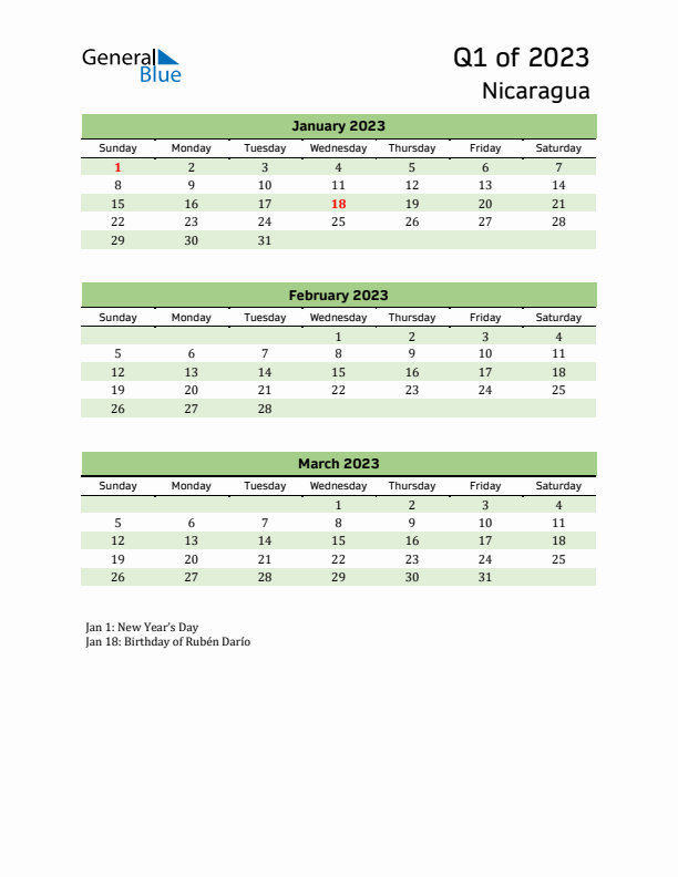 Quarterly Calendar 2023 with Nicaragua Holidays