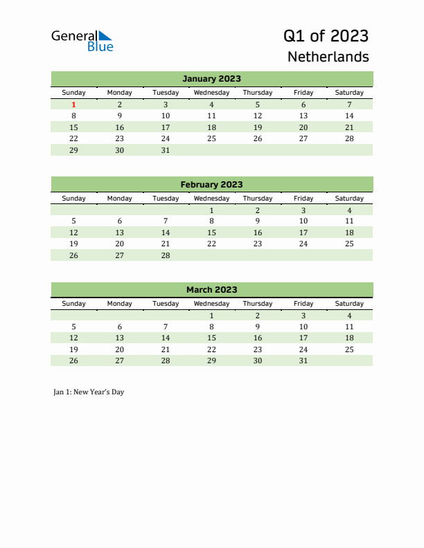 Quarterly Calendar 2023 with The Netherlands Holidays