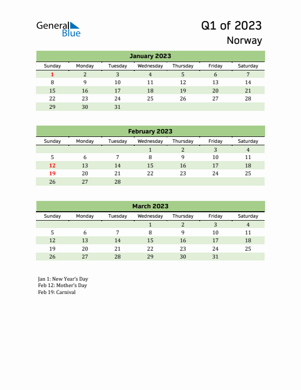 Quarterly Calendar 2023 with Norway Holidays