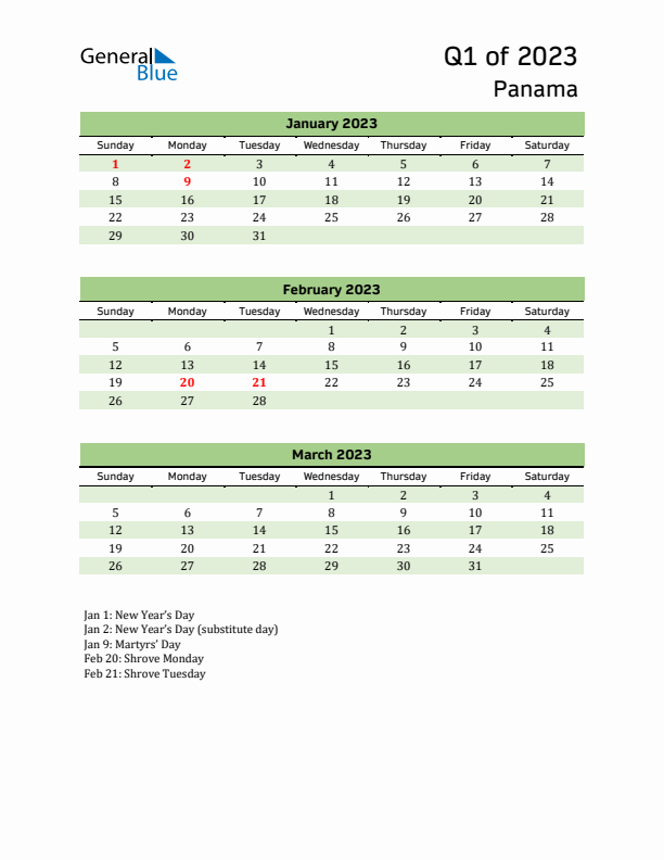 Quarterly Calendar 2023 with Panama Holidays