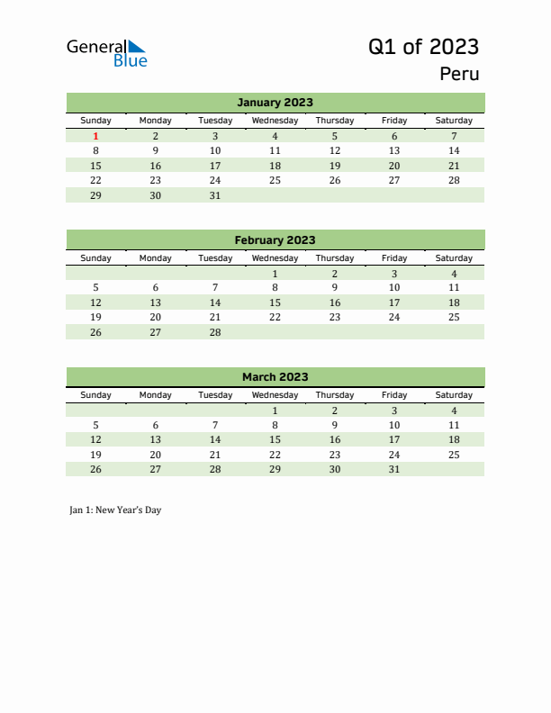 Quarterly Calendar 2023 with Peru Holidays