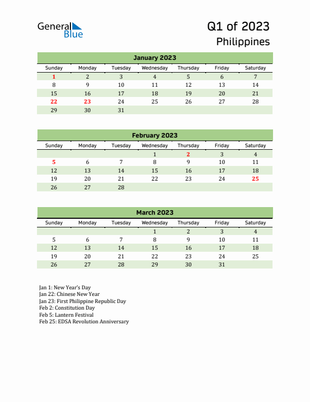 Quarterly Calendar 2023 with Philippines Holidays