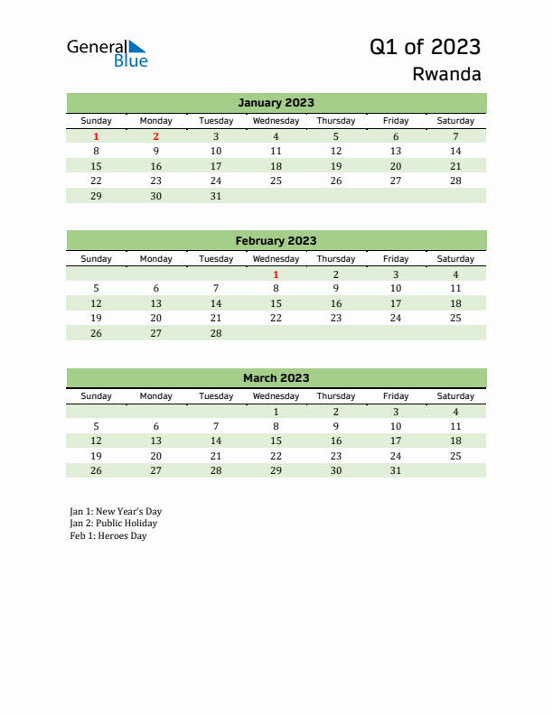 Quarterly Calendar 2023 with Rwanda Holidays