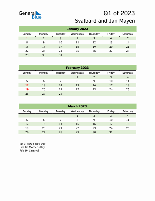 Quarterly Calendar 2023 with Svalbard and Jan Mayen Holidays