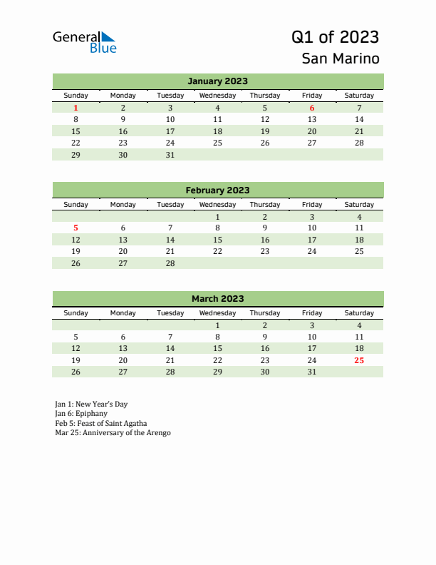 Quarterly Calendar 2023 with San Marino Holidays