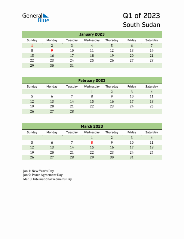 Quarterly Calendar 2023 with South Sudan Holidays