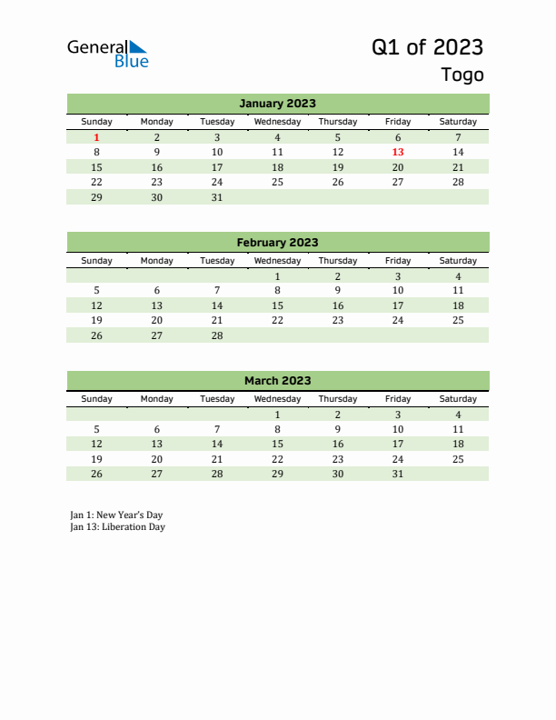 Quarterly Calendar 2023 with Togo Holidays