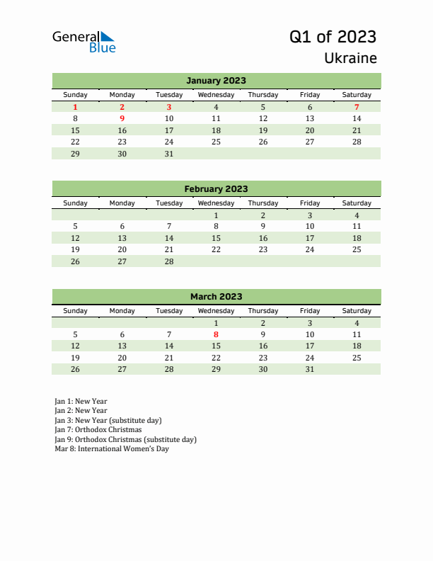 Quarterly Calendar 2023 with Ukraine Holidays