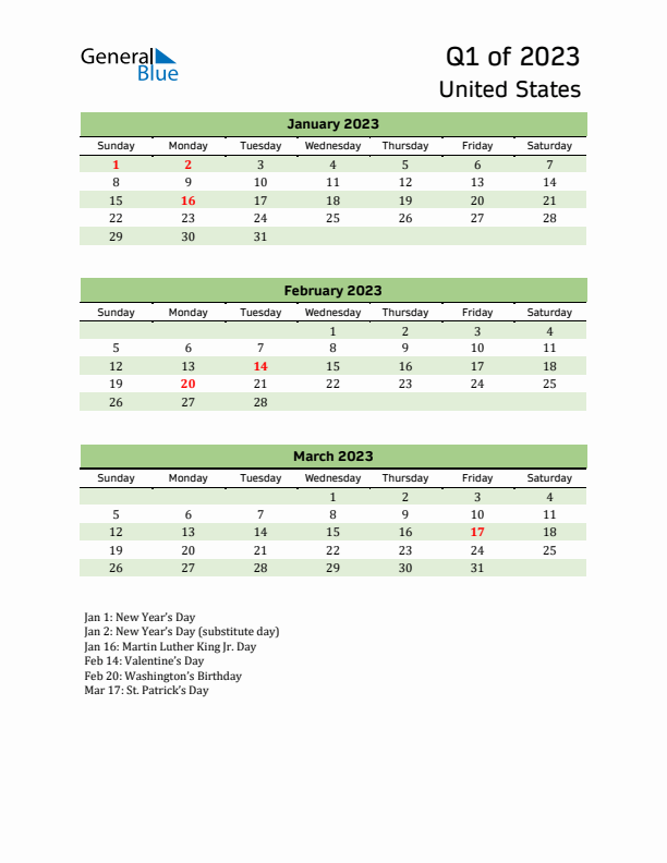 Quarterly Calendar 2023 with United States Holidays