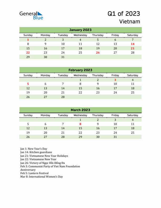 Quarterly Calendar 2023 with Vietnam Holidays