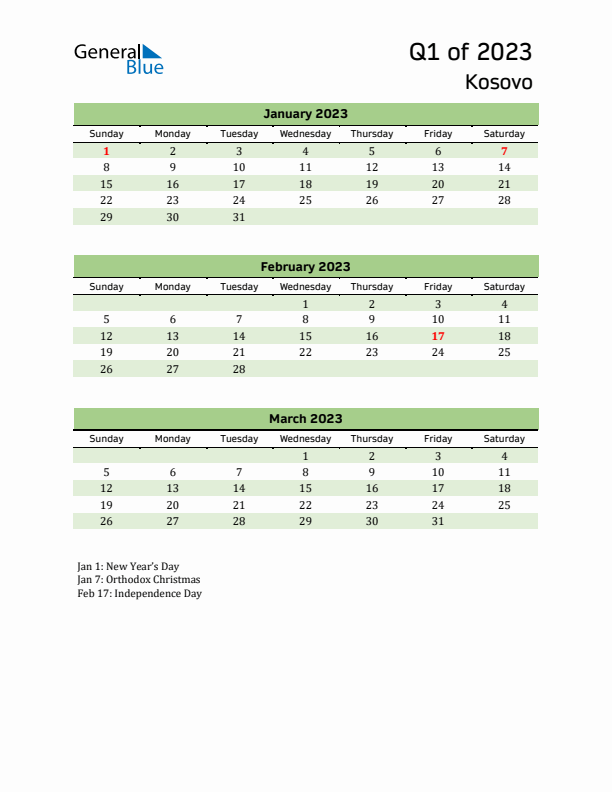 Quarterly Calendar 2023 with Kosovo Holidays