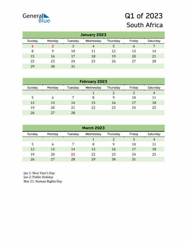 Quarterly Calendar 2023 with South Africa Holidays