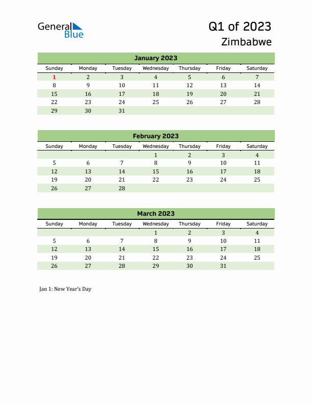 Quarterly Calendar 2023 with Zimbabwe Holidays