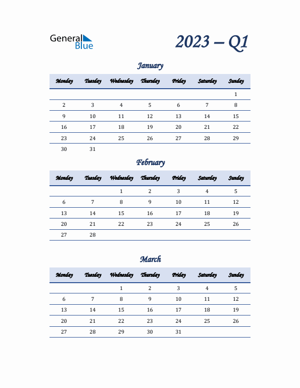 Monday Start 2023 Quarterly Calendar