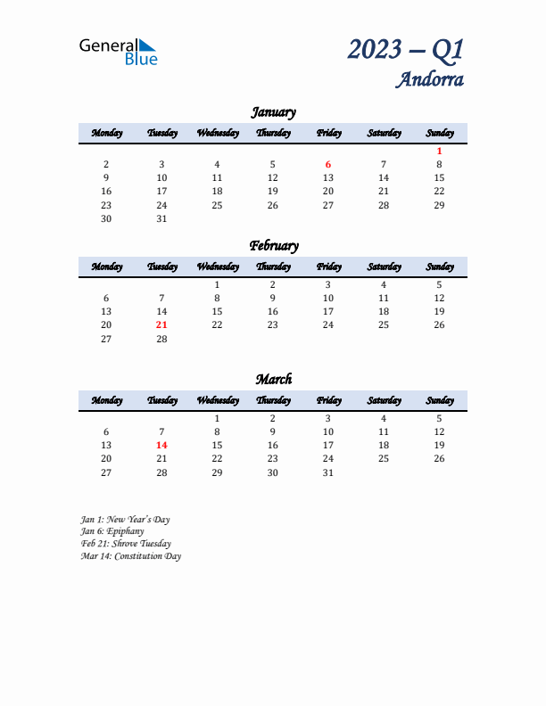 January, February, and March Calendar for Andorra with Monday Start