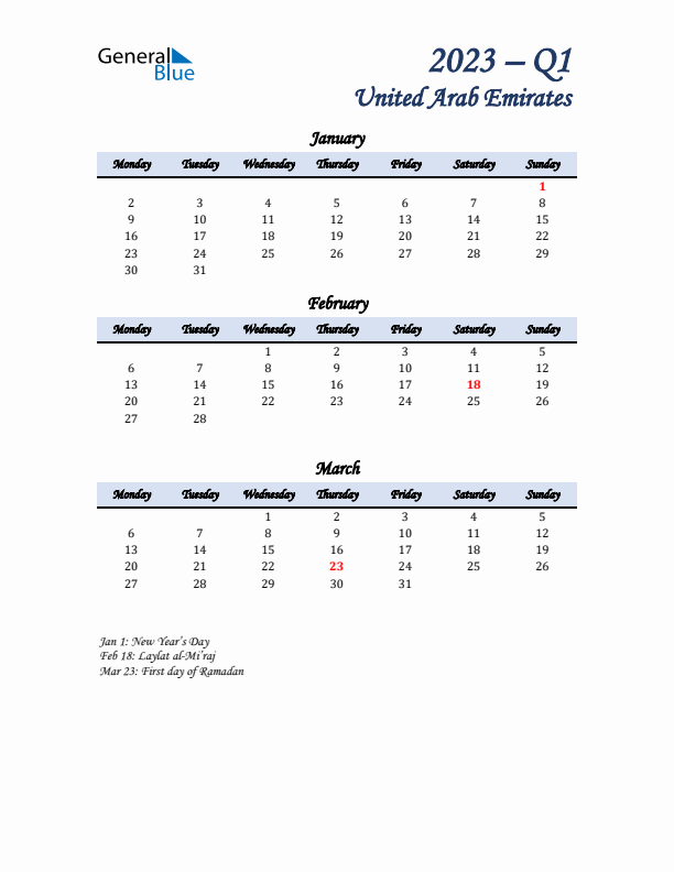 January, February, and March Calendar for United Arab Emirates with Monday Start