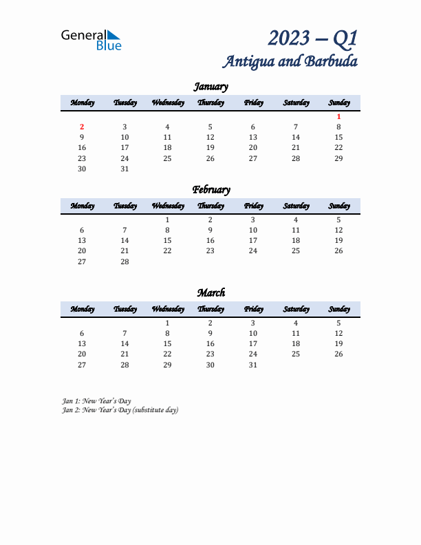 January, February, and March Calendar for Antigua and Barbuda with Monday Start