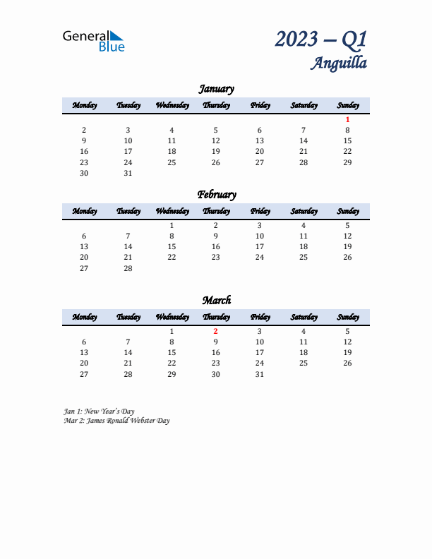 January, February, and March Calendar for Anguilla with Monday Start