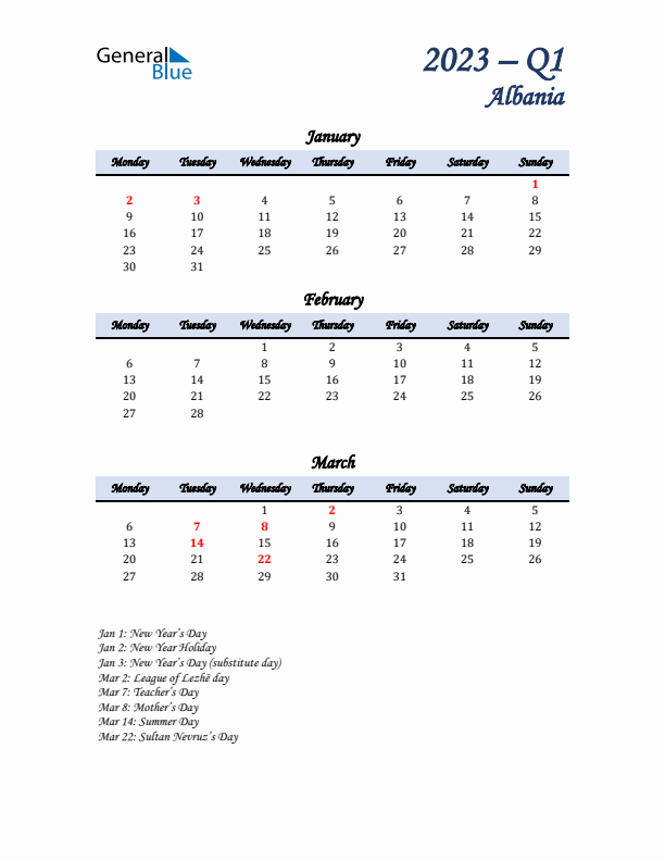 January, February, and March Calendar for Albania with Monday Start