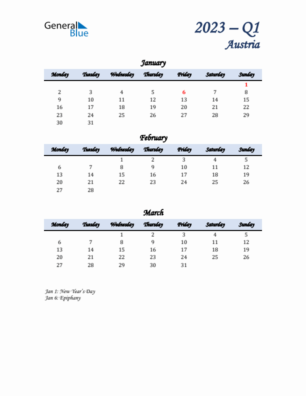 January, February, and March Calendar for Austria with Monday Start