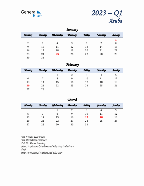 January, February, and March Calendar for Aruba with Monday Start