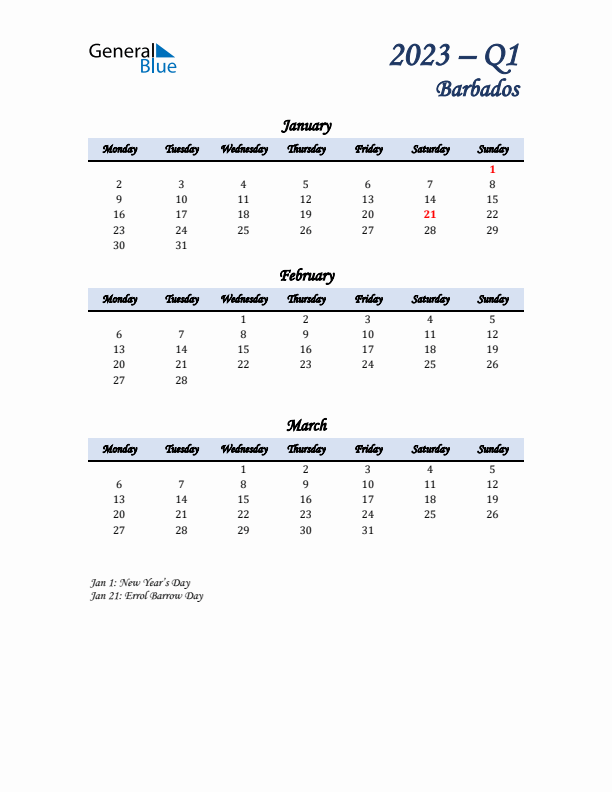 January, February, and March Calendar for Barbados with Monday Start