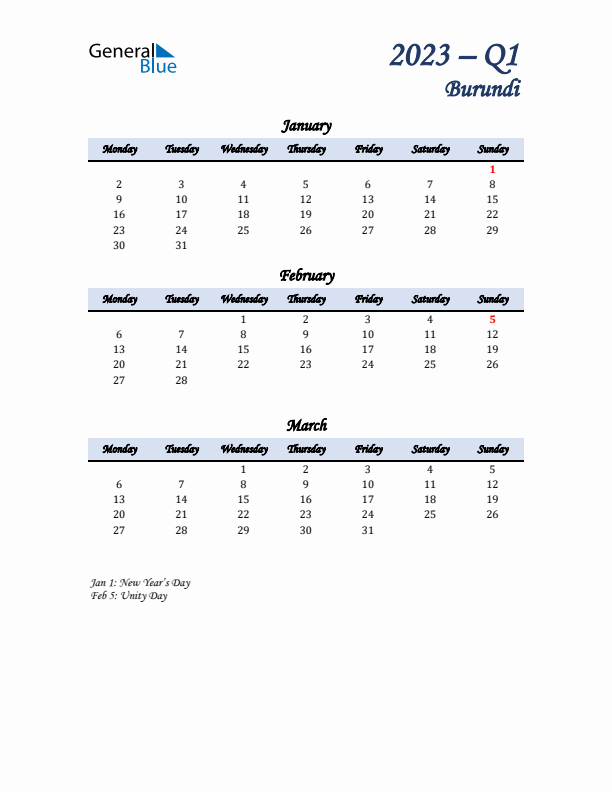 January, February, and March Calendar for Burundi with Monday Start