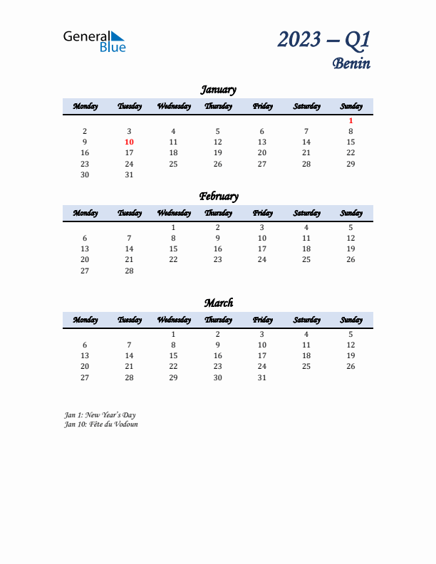 January, February, and March Calendar for Benin with Monday Start