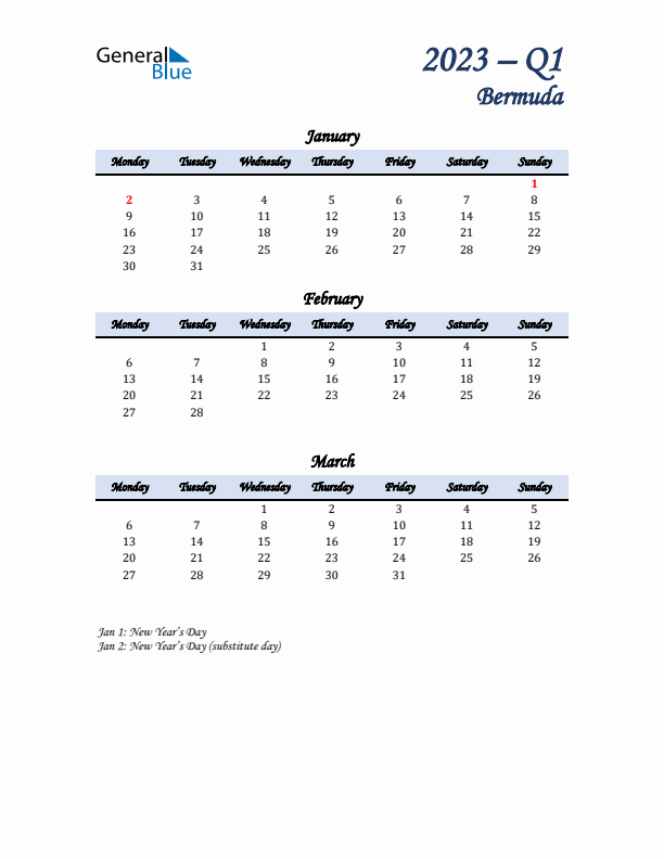 January, February, and March Calendar for Bermuda with Monday Start