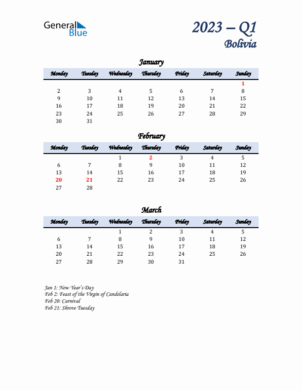 January, February, and March Calendar for Bolivia with Monday Start