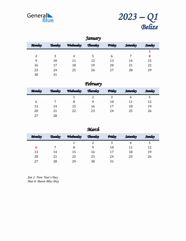 January, February, and March Calendar for Belize with Monday Start