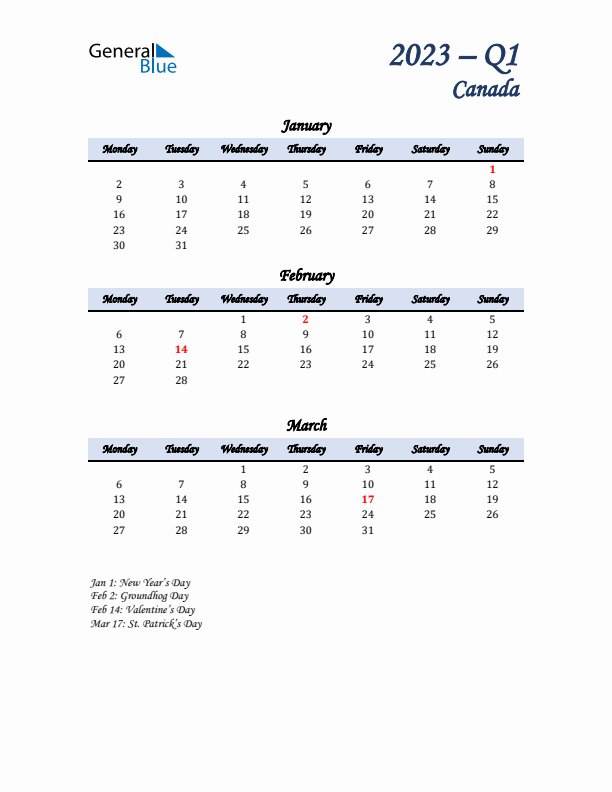 January, February, and March Calendar for Canada with Monday Start