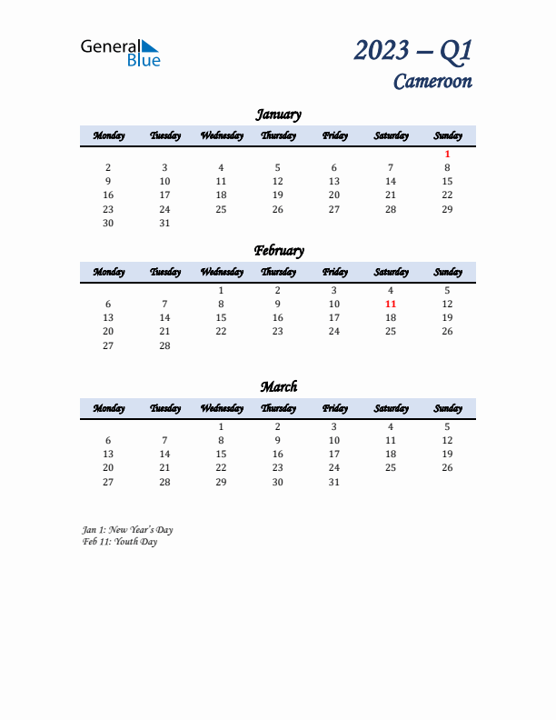 January, February, and March Calendar for Cameroon with Monday Start