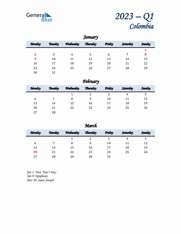 January, February, and March Calendar for Colombia with Monday Start