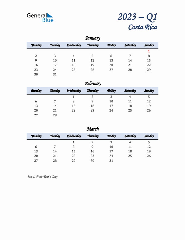 January, February, and March Calendar for Costa Rica with Monday Start